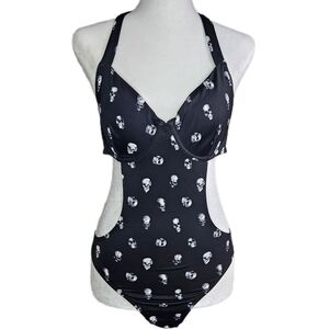 Killstar Rebel Fate Swimsuit Women's Medium One Piece Cutout Black Skulls Goth
